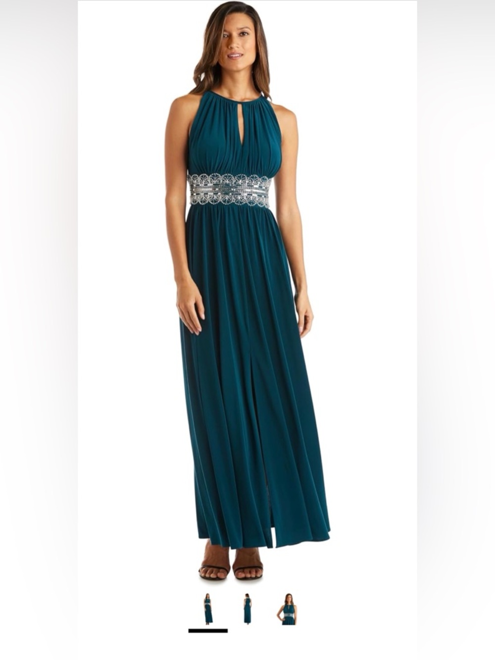 R&M Richards Teal Halter Maxi Dress with Beaded Waistband